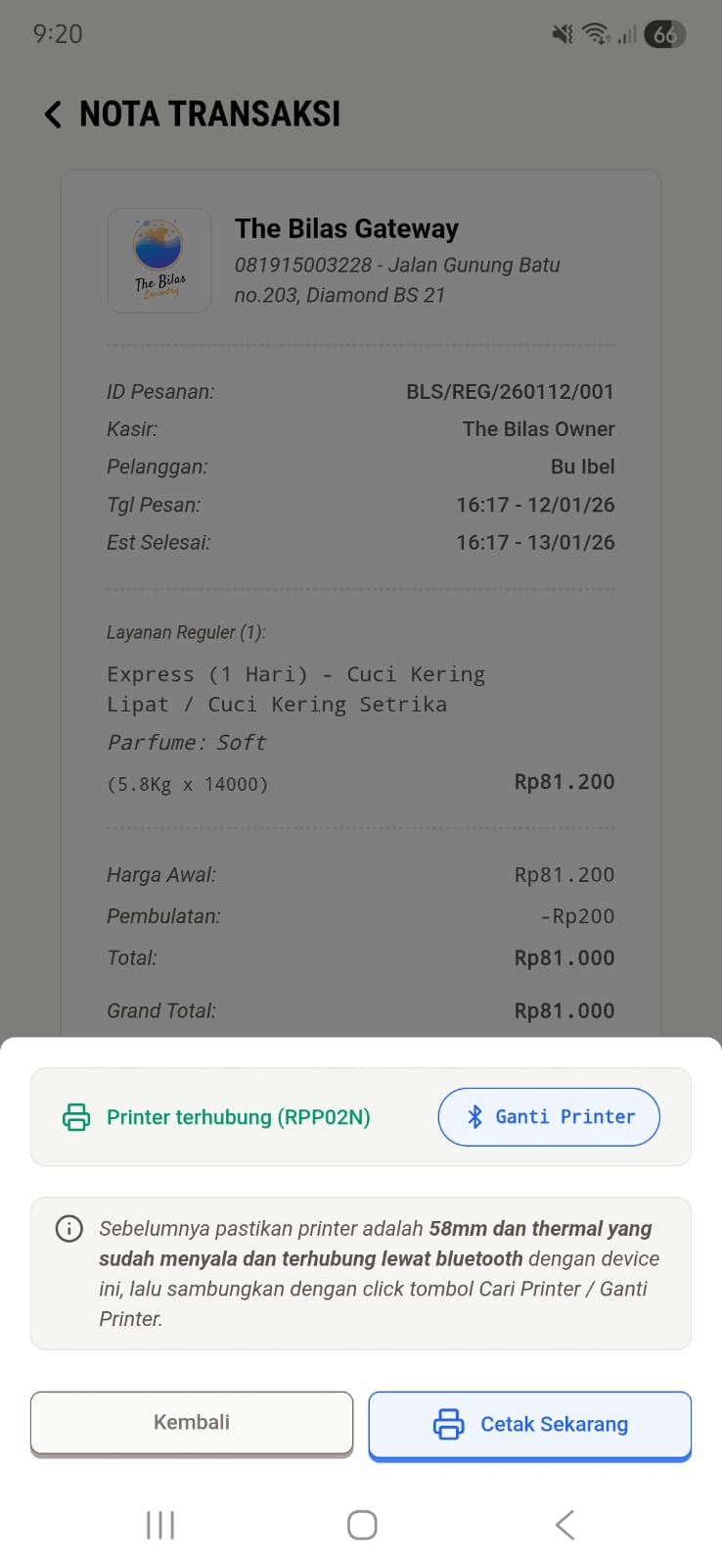 Hasil Cetak Nota