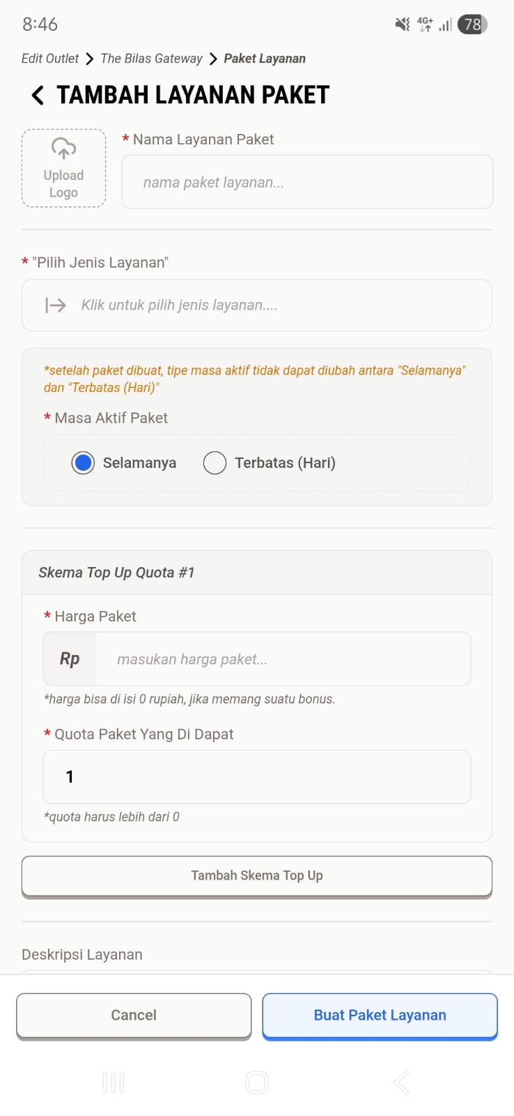 Form Tambah Paket