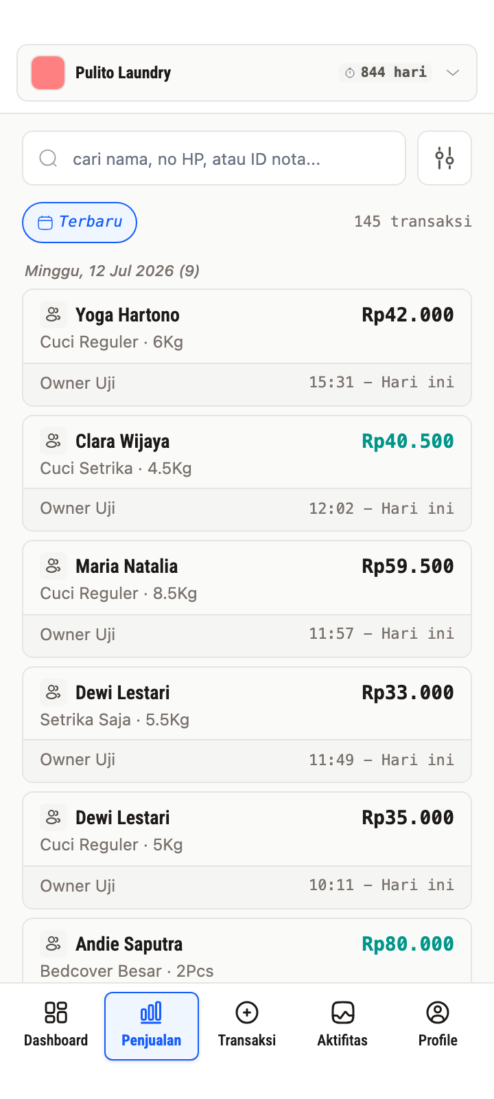 Daftar penjualan pulito: tiap order dengan harga terhitung dan status pembayaran